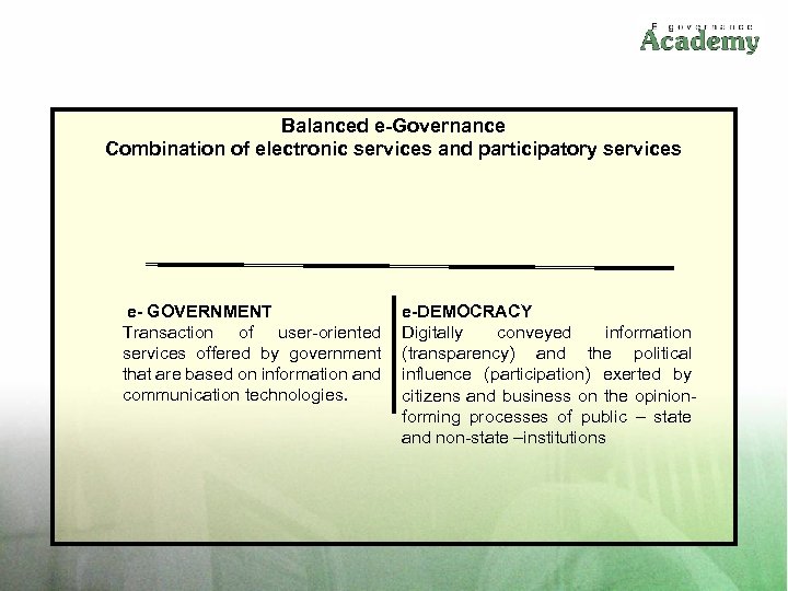 Balanced e-Governance Combination of electronic services and participatory services e- GOVERNMENT Transaction of user-oriented