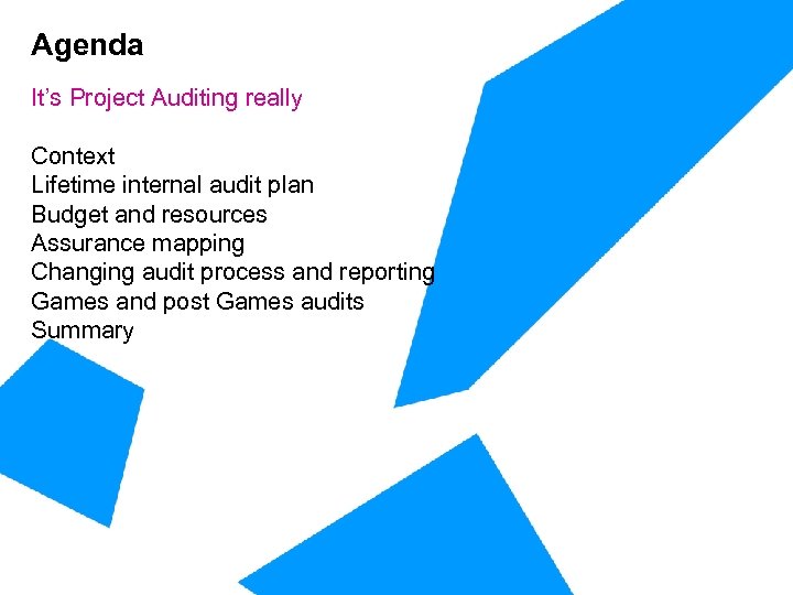 Agenda It’s Project Auditing really Context Lifetime internal audit plan Budget and resources Assurance