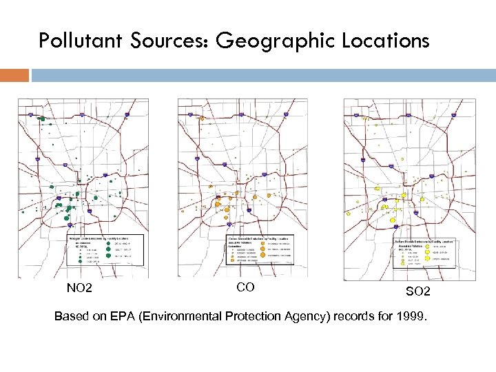 Pollutant Sources: Geographic Locations NO 2 CO SO 2 Based on EPA (Environmental Protection