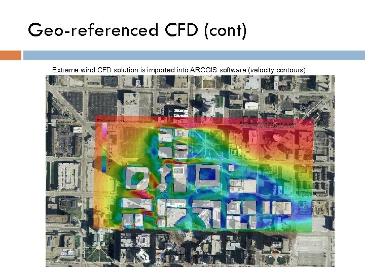 Geo-referenced CFD (cont) Extreme wind CFD solution is imported into ARCGIS software (velocity contours)