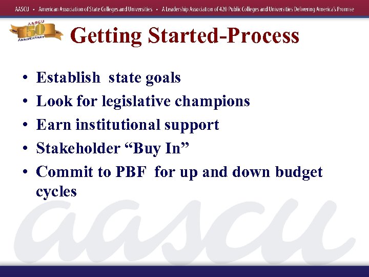 Getting Started-Process • • • Establish state goals Look for legislative champions Earn institutional