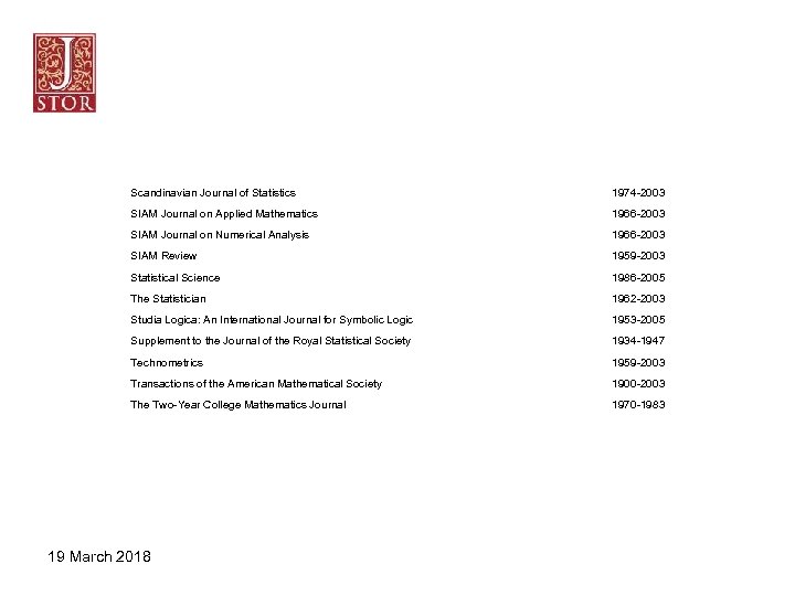 Scandinavian Journal of Statistics 1974 -2003 SIAM Journal on Applied Mathematics 1966 -2003 SIAM