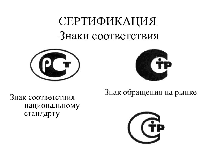 СЕРТИФИКАЦИЯ Знаки соответствия Знак соответствия национальному стандарту Знак обращения на рынке 