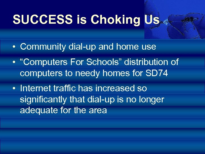 SUCCESS is Choking Us • Community dial-up and home use • “Computers For Schools”