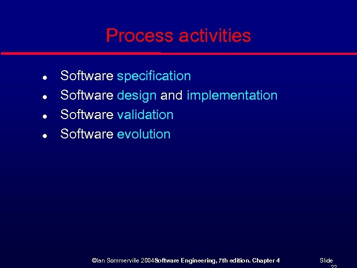 Process activities l l Software specification Software design and implementation Software validation Software evolution