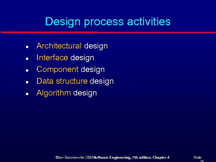 Design process activities l l l Architectural design Interface design Component design Data structure