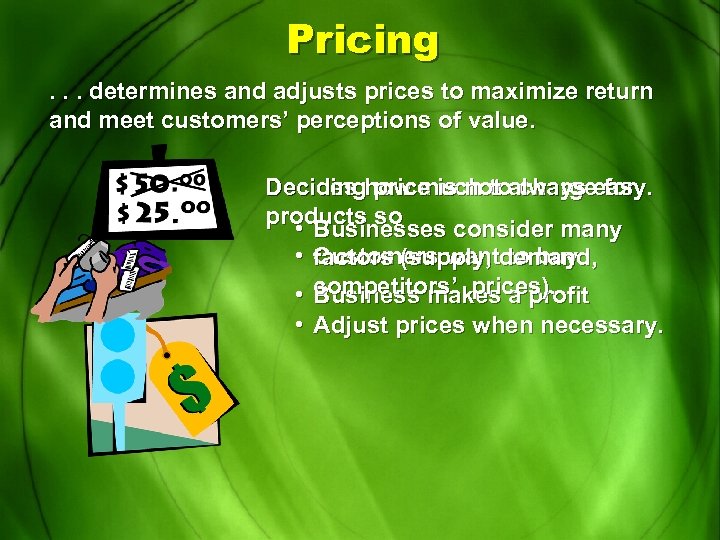 Pricing. . . determines and adjusts prices to maximize return and meet customers’ perceptions