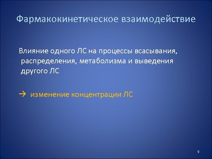 Фармакокинетическое взаимодействие Влияние одного ЛС на процессы всасывания, распределения, метаболизма и выведения другого ЛС