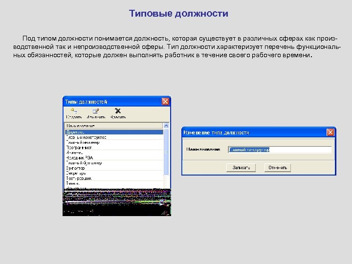 Типовые должности Под типом должности понимается должность, которая существует в различных сферах как производственной