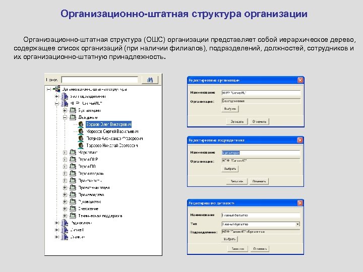 Организационно-штатная структура организации Организационно-штатная структура (ОШС) организации представляет собой иерархическое дерево, содержащее список организаций