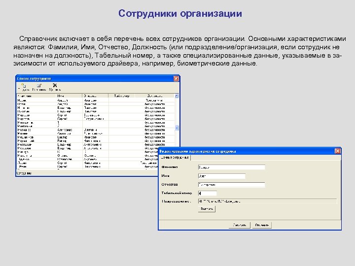 Сотрудники организации Справочник включает в себя перечень всех сотрудников организации. Основными характеристиками являются: Фамилия,