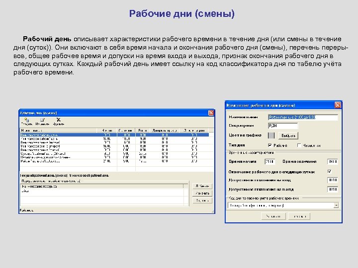 Рабочие дни (смены) Рабочий день описывает характеристики рабочего времени в течение дня (или смены