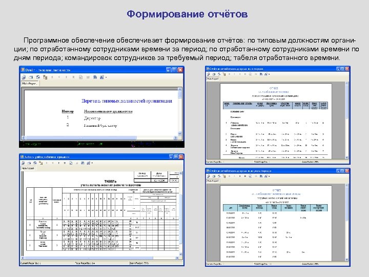 Формирование отчётов Программное обеспечение обеспечивает формирование отчётов: по типовым должностям органиции; по отработанному сотрудниками