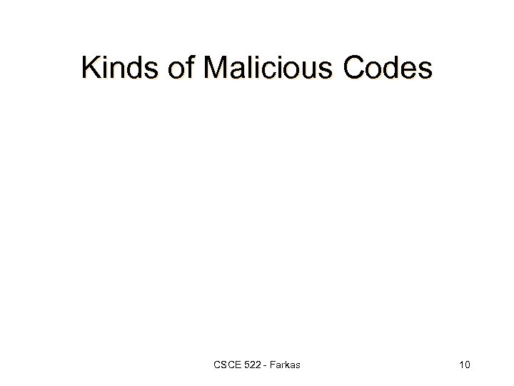 Kinds of Malicious Codes CSCE 522 - Farkas 10 