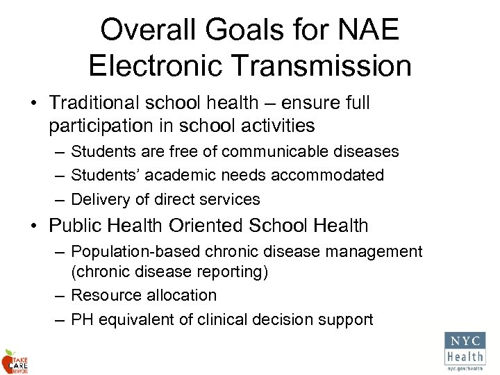 Overall Goals for NAE Electronic Transmission • Traditional school health – ensure full participation