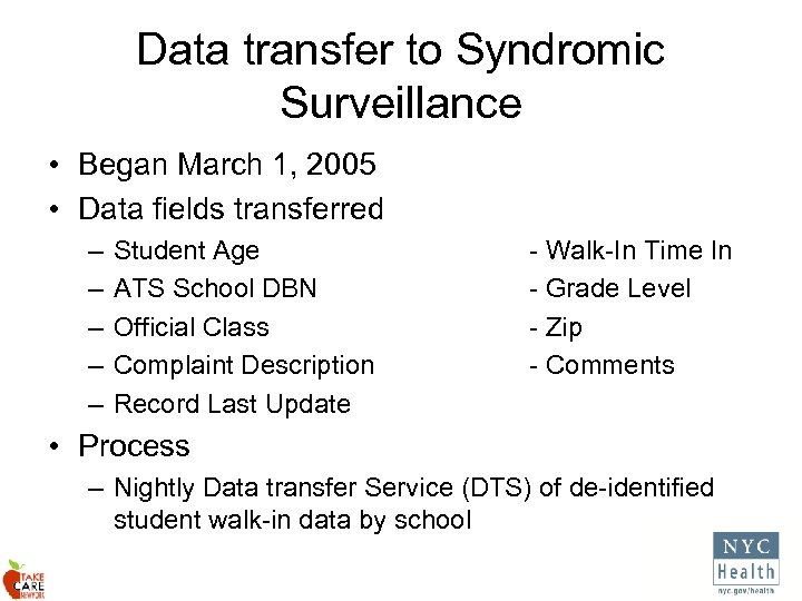 Data transfer to Syndromic Surveillance • Began March 1, 2005 • Data fields transferred