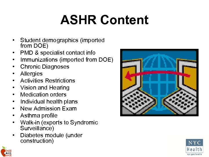 ASHR Content • Student demographics (imported from DOE) • PMD & specialist contact info