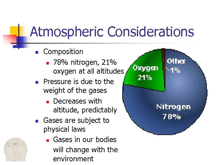 Atmospheric Considerations n n n Composition n 78% nitrogen, 21% oxygen at all altitudes