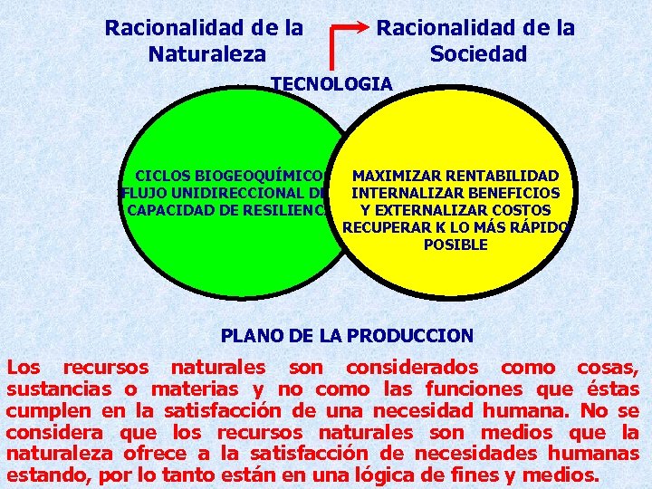 Racionalidad de la Naturaleza Racionalidad de la Sociedad TECNOLOGIA CICLOS BIOGEOQUÍMICOS MAXIMIZAR RENTABILIDAD FLUJO