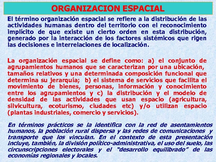 ORGANIZACION ESPACIAL El término organización espacial se refiere a la distribución de las actividades