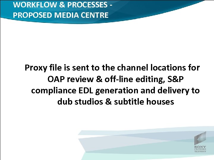 WORKFLOW & PROCESSES PROPOSED MEDIA CENTRE Proxy file is sent to the channel locations