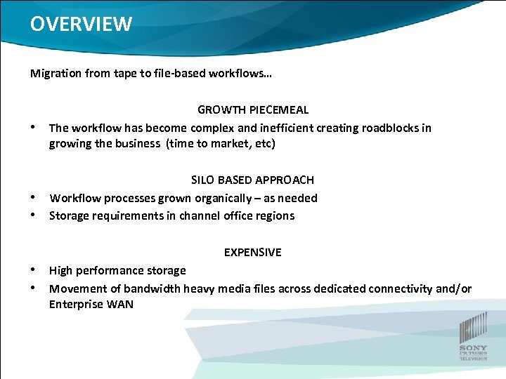 OVERVIEW Migration from tape to file-based workflows… • • • GROWTH PIECEMEAL The workflow