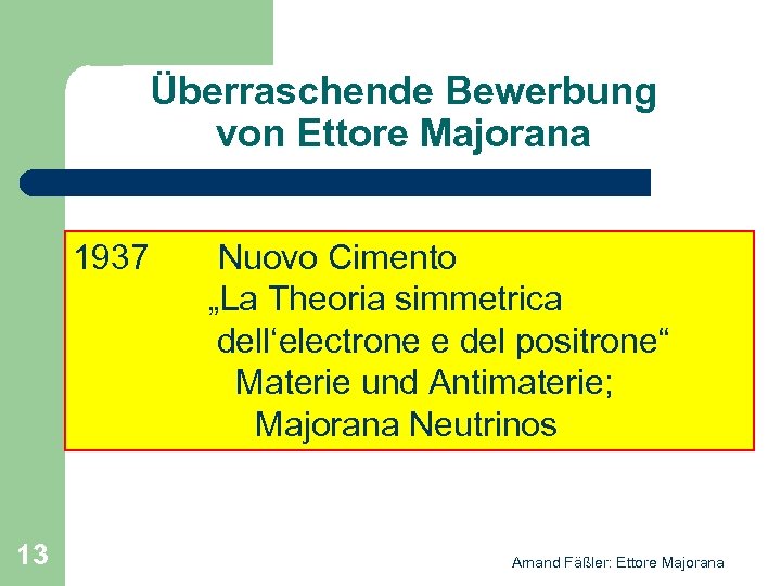 Überraschende Bewerbung von Ettore Majorana 1937 13 Nuovo Cimento „La Theoria simmetrica dell‘electrone e