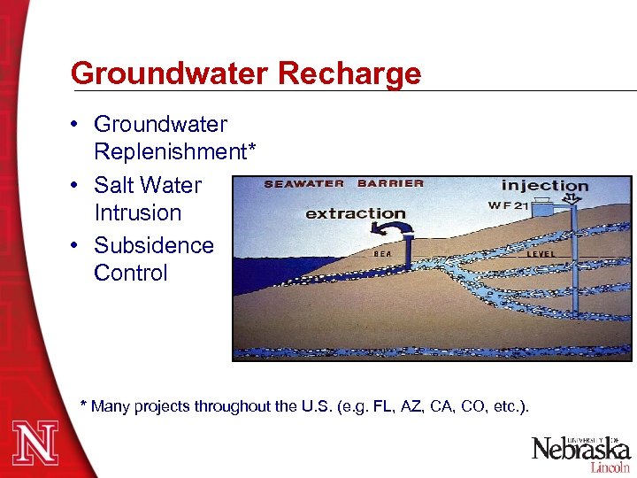 Groundwater Recharge • Groundwater Replenishment* • Salt Water Intrusion • Subsidence Control * Many