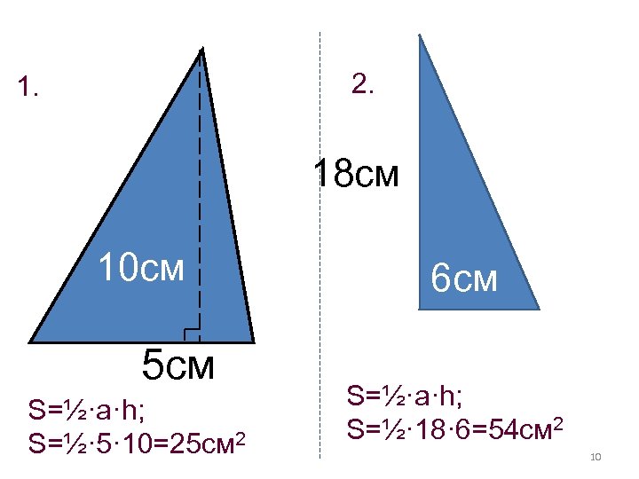 2. 18 см 10 см 5 см S=½·a·h; S=½· 5· 10=25 см 2 6