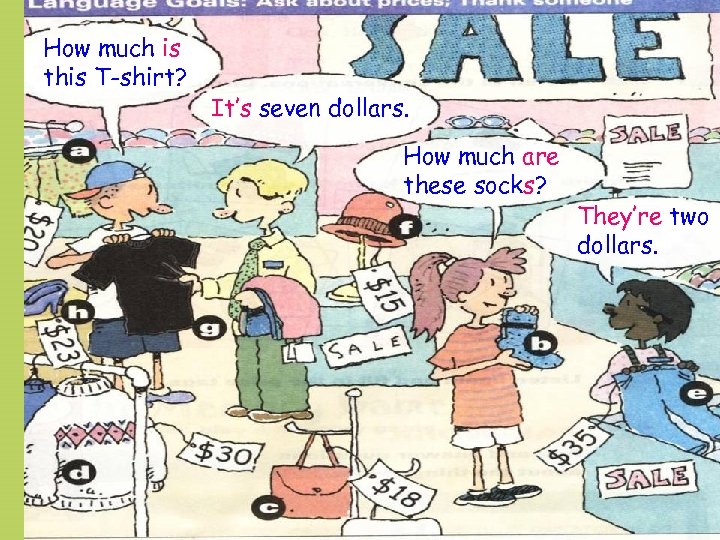 How much is this T-shirt? It’s seven dollars. How much are these socks? They’re