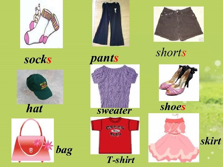 pants socks hat sweater bag shorts shoes skirt T-shirt 