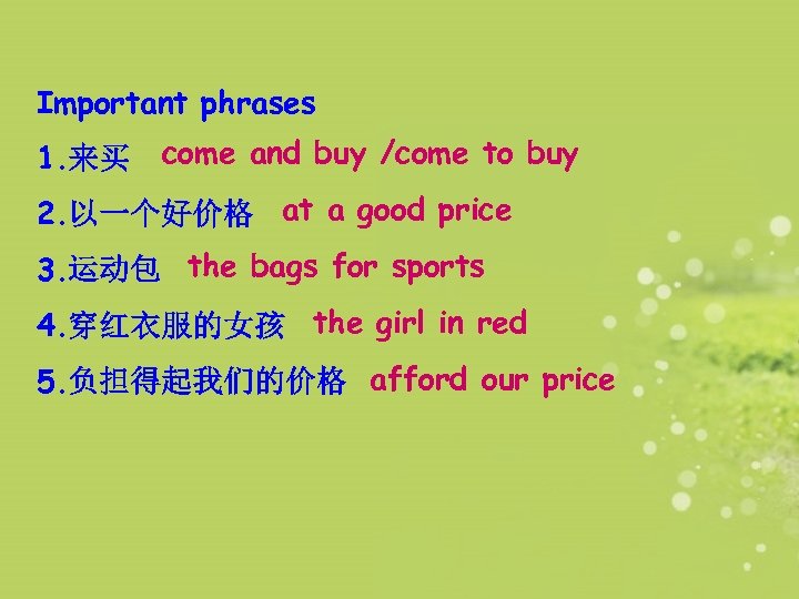 Important phrases 1. 来买 come and buy /come to buy 2. 以一个好价格 at a