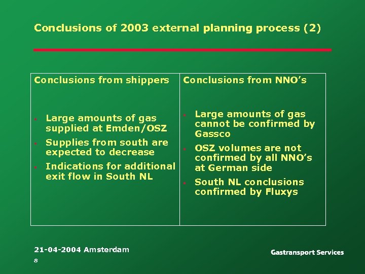 Conclusions of 2003 external planning process (2) Conclusions from shippers • Large amounts of
