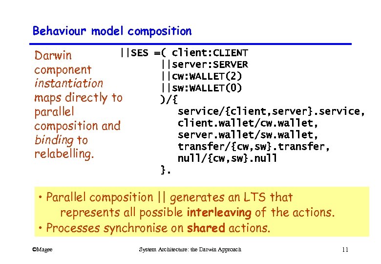 Behaviour model composition ||SES =( client: CLIENT Darwin ||server: SERVER component ||cw: WALLET(2) instantiation