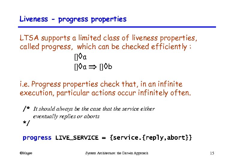 Liveness - progress properties LTSA supports a limited class of liveness properties, called progress,