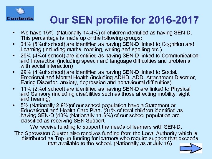Our SEN profile for 2016 -2017 • We have 15% (Nationally 14. 4%) of