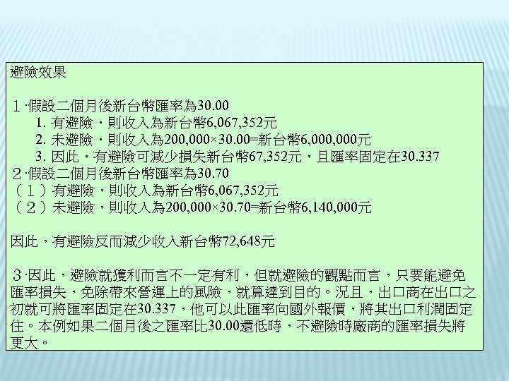 避險效果 １‧假設二個月後新台幣匯率為 30. 00 1. 有避險，則收入為新台幣 6, 067, 352元 2. 未避險，則收入為 200, 000× 30.