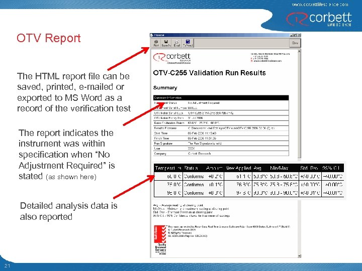OTV Report The HTML report file can be saved, printed, e-mailed or exported to