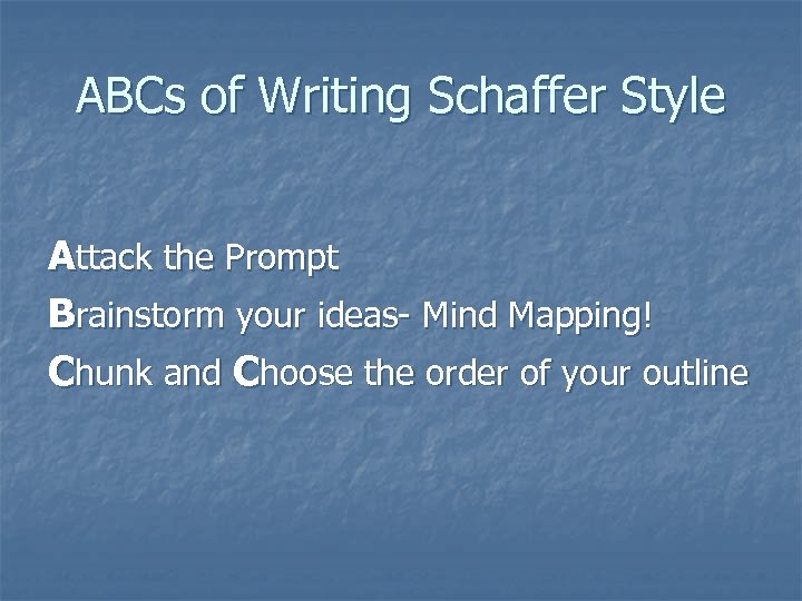 ABCs of Writing Schaffer Style Attack the Prompt Brainstorm your ideas- Mind Mapping! Chunk