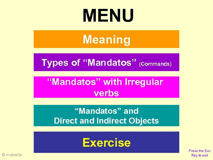 MENU Meaning Types of “Mandatos” (Commands) “Mandatos” with Irregular verbs “Mandatos” and Direct and
