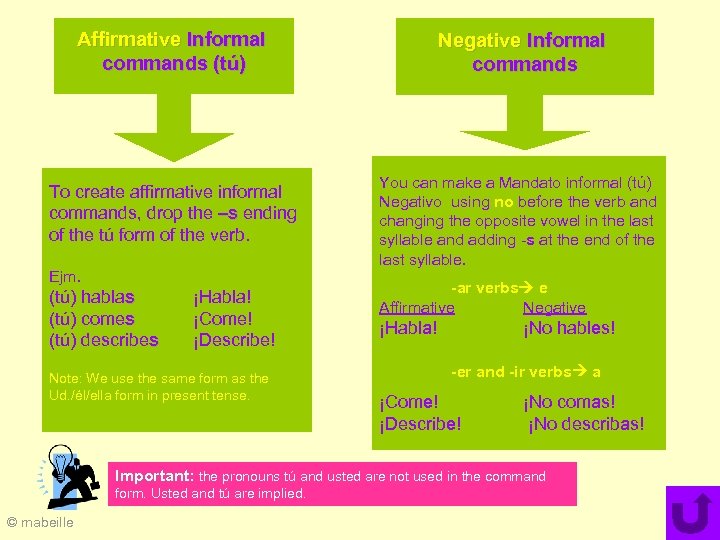 Affirmative Informal commands (tú) Negative Informal commands To create affirmative informal commands, drop the