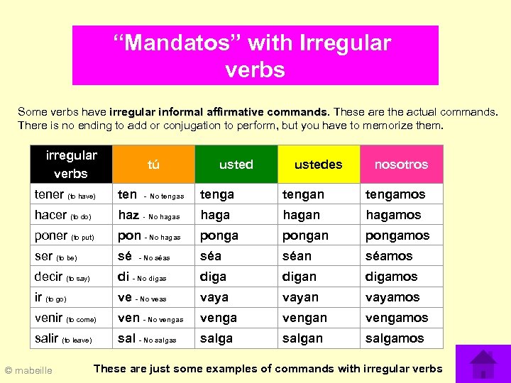 “Mandatos” with Irregular verbs Some verbs have irregular informal affirmative commands. These are the