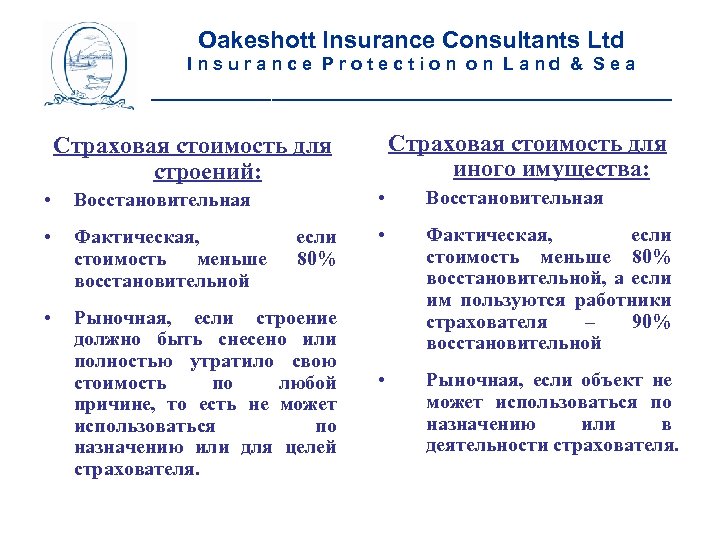 Oakeshott Insurance Consultants Ltd Insurance Protection on Land & Sea __________________________ Страховая стоимость для