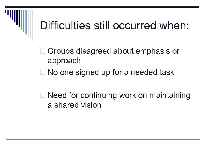 Difficulties still occurred when: o Groups disagreed about emphasis or approach o No one