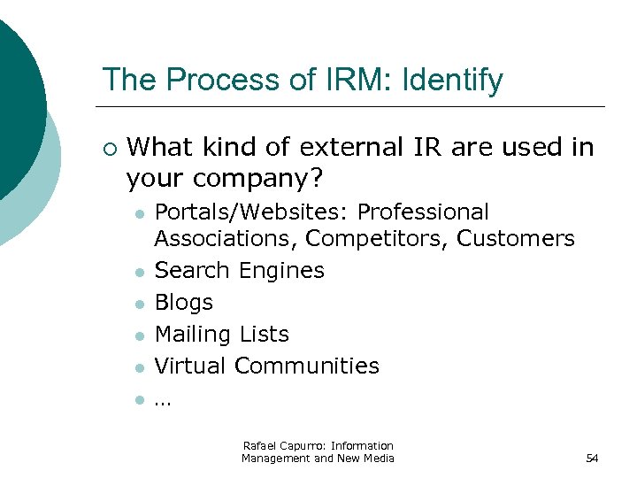 The Process of IRM: Identify ¡ What kind of external IR are used in