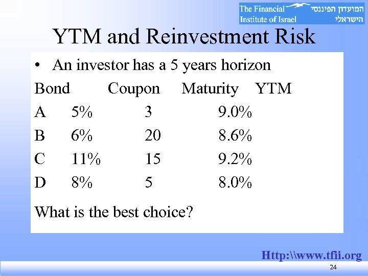 YTM and Reinvestment Risk • An investor has a 5 years horizon Bond Coupon