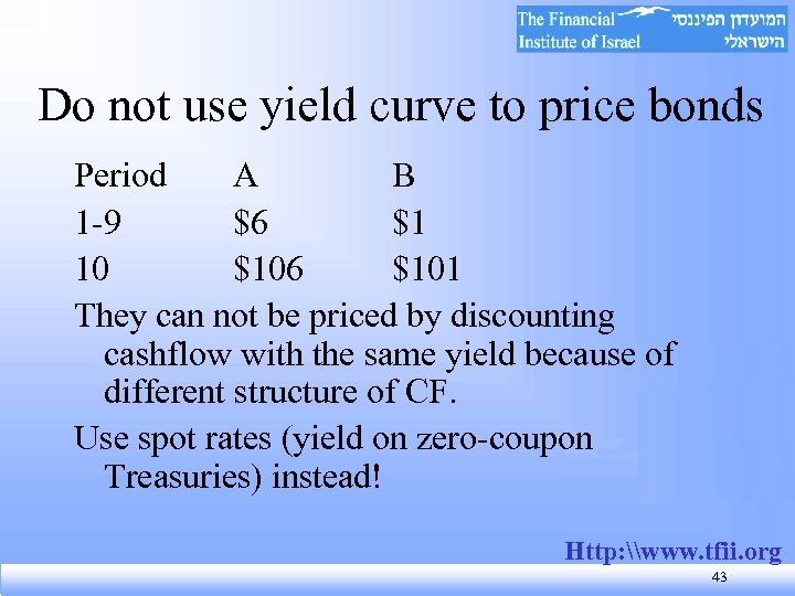Do not use yield curve to price bonds Period A B 1 -9 $6