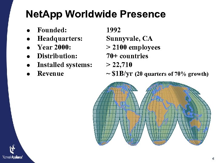 Net. App Worldwide Presence l l l Founded: Headquarters: Year 2000: Distribution: Installed systems: