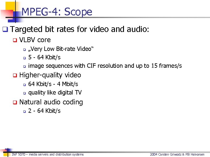 MPEG-4: Scope q Targeted bit rates for video and audio: q VLBV core q