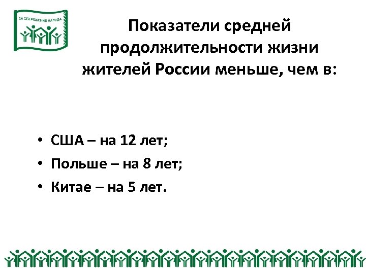 Показатели средней продолжительности жизни жителей России меньше, чем в: • США – на 12